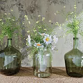 Glass Vases With White Daisies And Green Tiny Flowers On Wooden Table Against Weathered Wall