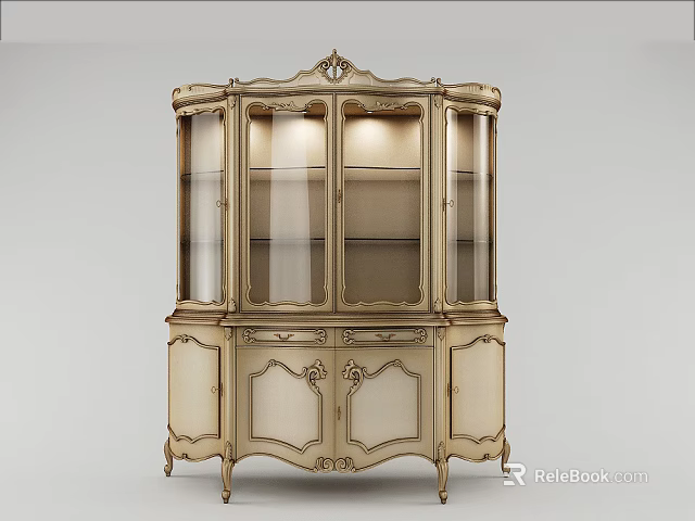 Classic Console Cabinet Sideboard With Glass Doors Golden Trim And Ornate Carved Details 3d model 