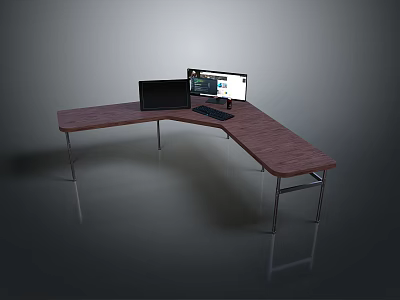 L Shaped Wooden Desk With Metal Legs Dual Computer Monitors Keyboard And Mouse 3d model