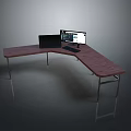 L Shaped Wooden Desk With Metal Legs Dual Computer Monitors Keyboard And Mouse