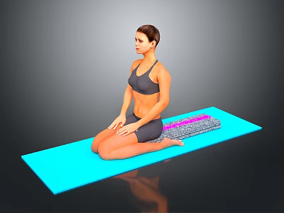 Woman Practicing Yoga On Blue Mat With Cross Legged Pose And Colorful Accessory 3d model
