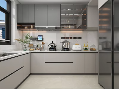 Modern Kitchen Interior With Gray Cabinets White Countertop Island And Stainless Steel Appliances 3d model