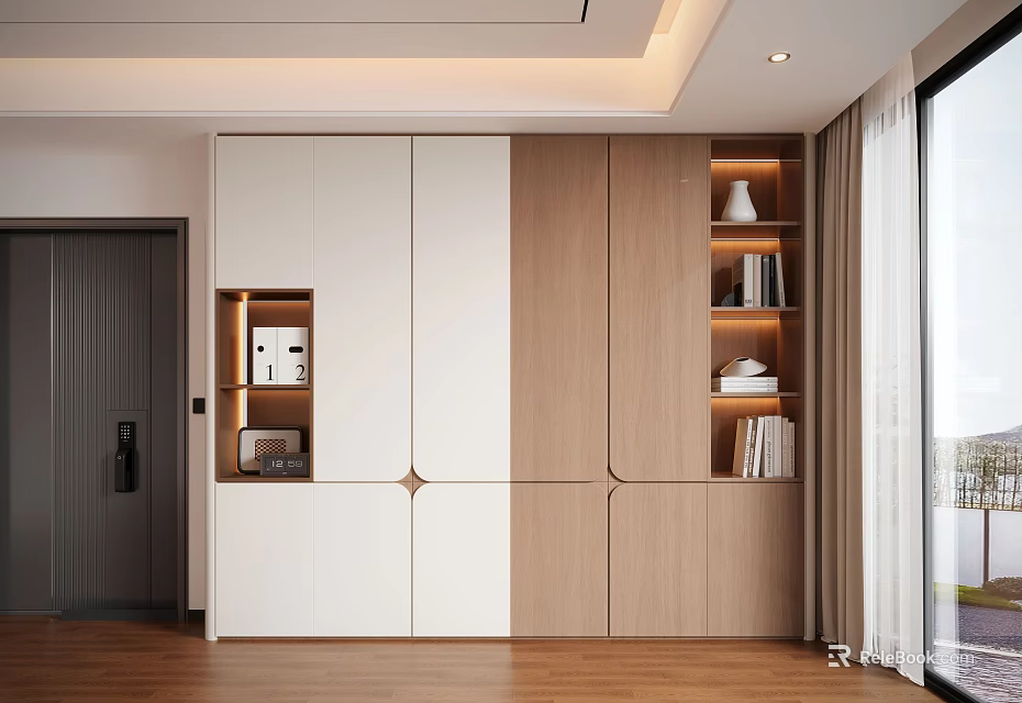 Modern Decorative Cabinet With White And Wooden Panels Open Shelves And Storage 3d model 