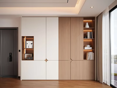 Modern Decorative Cabinet With White And Wooden Panels Open Shelves And Storage 3d model