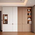 Modern Decorative Cabinet With White And Wooden Panels Open Shelves And Storage