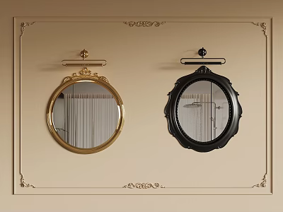Two Round Mirrors with Gold and Black Frames Hanging on Decorative Beige Wall 3d model