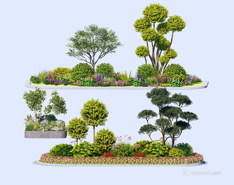 Layered Flower Bed Planters with Various Trees Green Bushes and Decorative Plants 3d model 
