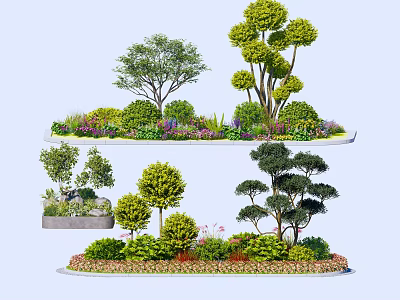 Layered Flower Bed Planters with Various Trees Green Bushes and Decorative Plants 3d model