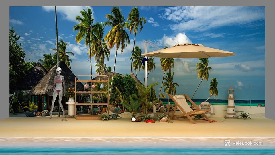 Tropical Island Beach Scene With Palm Trees Thatched Hut Lounge Chair Umbrella And Blue Sky 3d model 