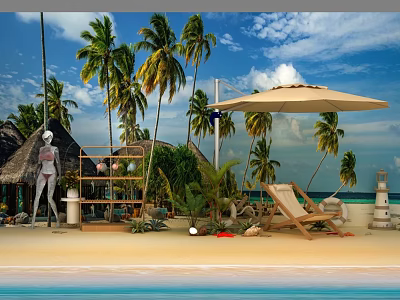 Tropical Island Beach Scene With Palm Trees Thatched Hut Lounge Chair Umbrella And Blue Sky 3d model