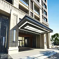 Modern Building Entrance Gate With Stone Facade Glass Canopy Steps And Greenery