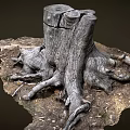 Old Tree Stump With Exposed Roots Surrounded By Natural Soil And Small Plants