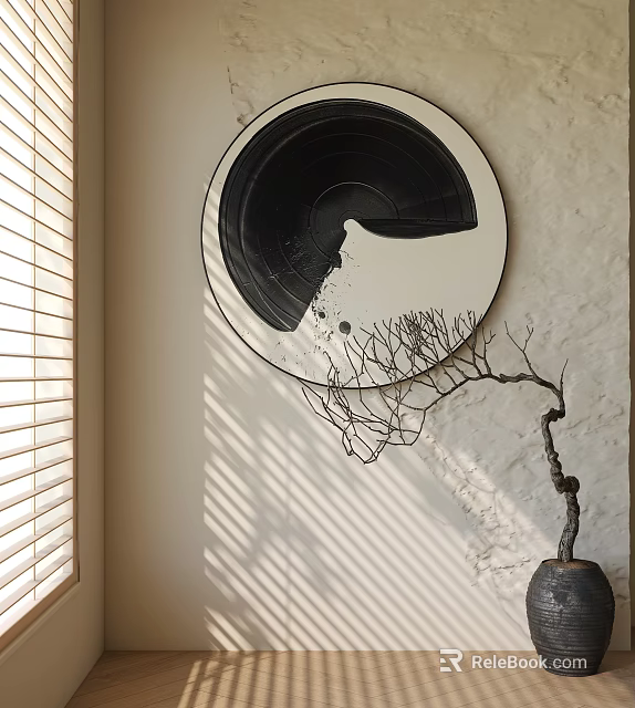 Minimalist Black White Circular Decorative Wall Hanging With Branch Design 3d model 