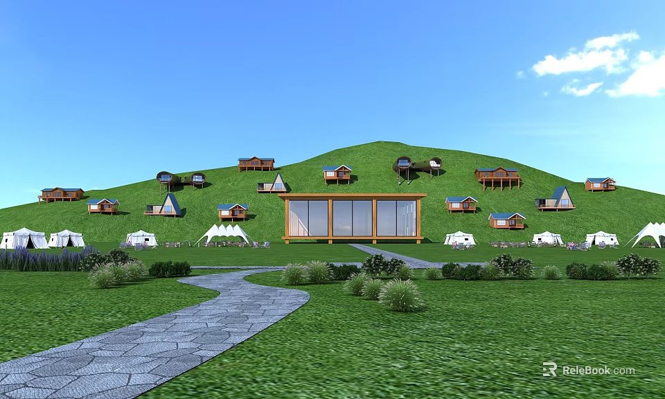 Scenic Wooden Houses on Green Mountain Slope with Stone Path and Tents 3d model 