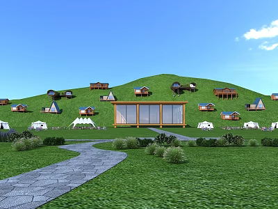 Scenic Wooden Houses on Green Mountain Slope with Stone Path and Tents 3d model