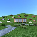 Scenic Wooden Houses on Green Mountain Slope with Stone Path and Tents