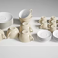 Cream Colored Ceramic Tea Cups With Stacked Saucers On White Surface 3d model