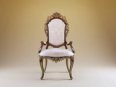 Elegant Classic Single Chair with Ornate Carved Backrest Gold Accents and Beige Upholstery 3d model