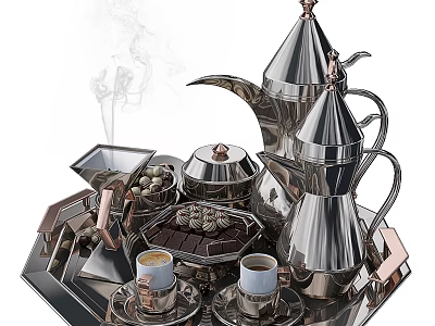 Steaming Coffee with Metallic Coffee Pots Cups on Silver Tray and Chocolate Treats 3d model