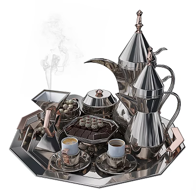 Steaming Coffee with Metallic Coffee Pots Cups on Silver Tray and Chocolate Treats 3d model