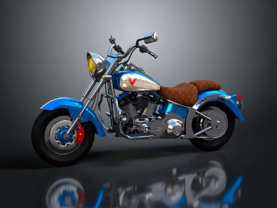 Blue Classic Motorcycle With Brown Quilted Seat Chrome Engine Parts And Red Tank Accents 3d model
