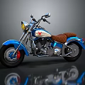 Blue Classic Motorcycle With Brown Quilted Seat Chrome Engine Parts And Red Tank Accents
