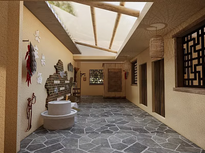 Traditional Chinese Courtyard With Stone Slab Floor Wooden Structure Lattice Windows And Hanging Decorations 3d model