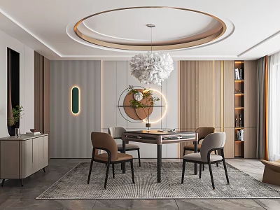 Modern Hotel Mahjong Room Interior With Round Chandelier Wooden Table Chairs And Decorative Wall 3d model