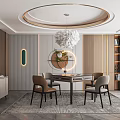 Modern Hotel Mahjong Room Interior With Round Chandelier Wooden Table Chairs And Decorative Wall