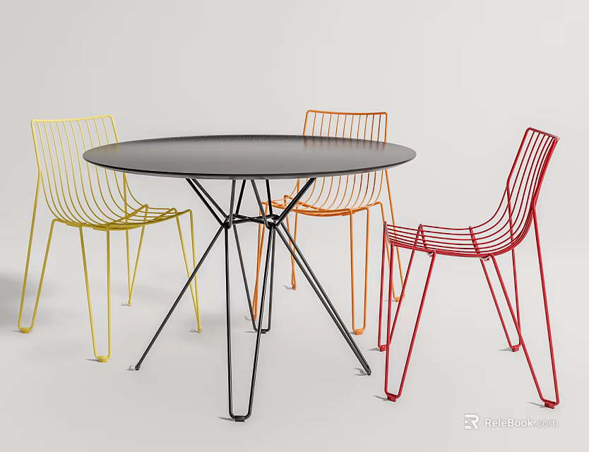 Modern Round Black Table With Colorful Metal Frame Chairs Dining Set 3d model