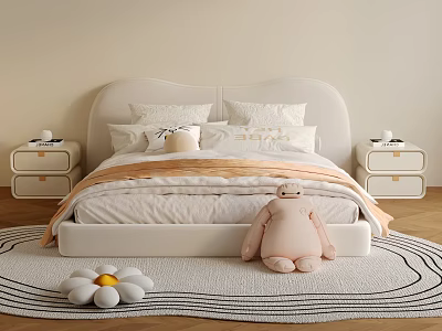 Cozy Double Bed with White Headboard Pillows Orange Blanket Nightstands and Black White Rug 3d model