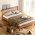 Natural Wood Double Bed With White Pillows Green Blanket And Children's Toys In Bright Room