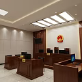 Modern Courtroom Interior With Judge's Bench Audience Chairs Wooden Furniture And National Emblem