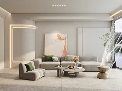 Modern Minimalist Living Room Interior With Sectional Sofa Coffee Table Decorative Art And Green Plants 3d model