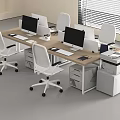Modern Office Desk Setup With White Chairs Multiple Monitors Printer And Filing Cabinets 3d model