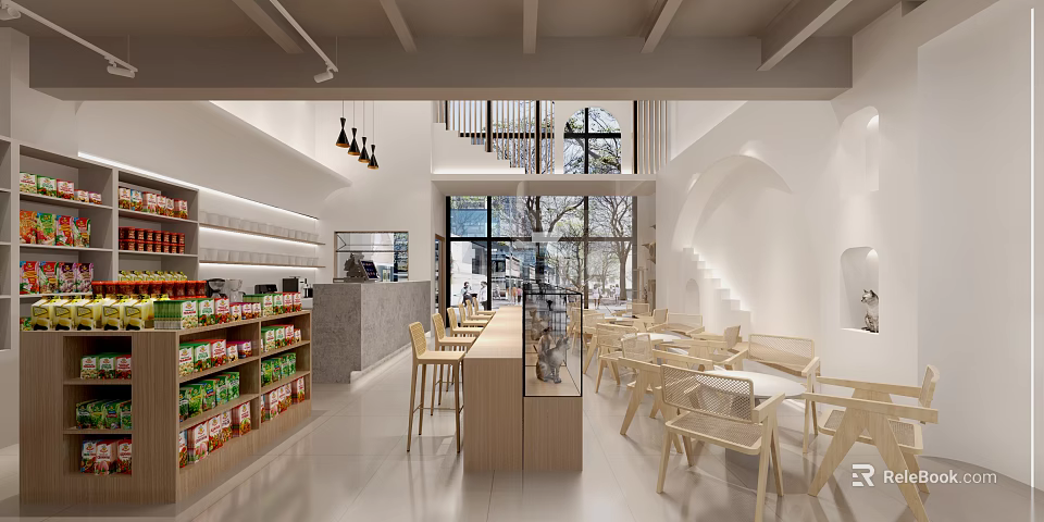Bright Restaurant Interior With White Walls Wooden Tables Chairs Large Windows And Shelves 3d model 