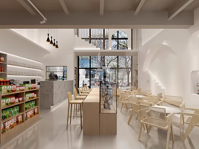 Bright Restaurant Interior With White Walls Wooden Tables Chairs Large Windows And Shelves 3d model