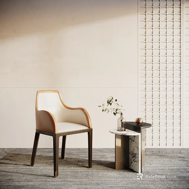 Modern Single Chair Beige Seat Wooden Legs And Small Table With Vase Against Textured Wall 3d model 