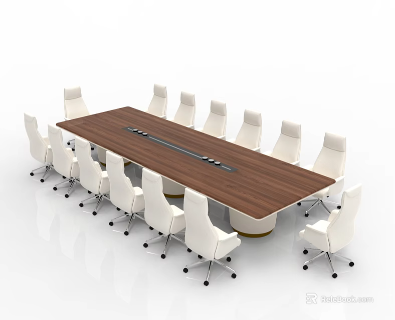 Modern Wooden Conference Table With White Wheeled Chairs In Meeting Room 3d model 