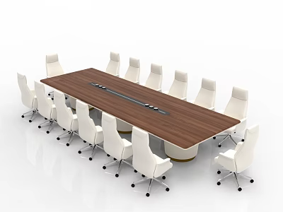 Modern Wooden Conference Table With White Wheeled Chairs In Meeting Room 3d model