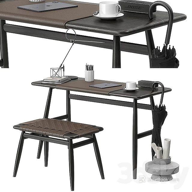 Modern Office Desk Setup With Woven Stool Desk Lamp Notebook And Coffee Cup 3d model 