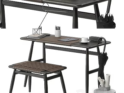 Modern Office Desk Setup With Woven Stool Desk Lamp Notebook And Coffee Cup 3d model