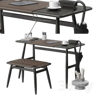 Modern Office Desk Setup With Woven Stool Desk Lamp Notebook And Coffee Cup 3d model
