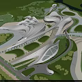 Aerial View Planning of Modern Architectural Complex with Streamlined Design Greenery Roads Crowds and Vehicles