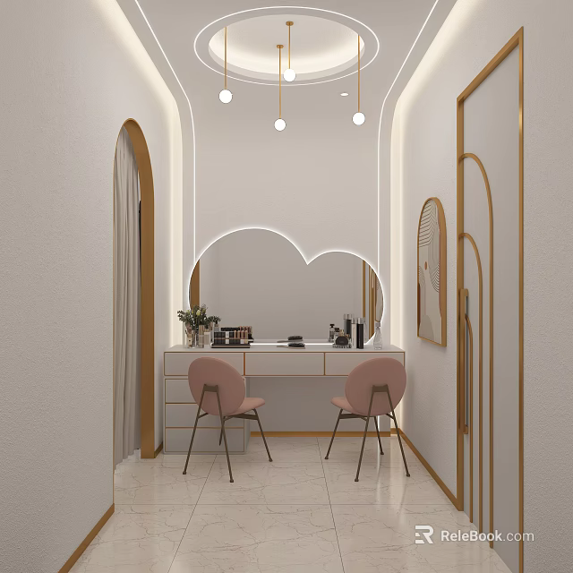 Wedding Dress Shop Interior With Cloud Shaped Mirror Pink Chairs And Vanity Table Lighting 3d model 
