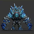 Game Movie Character With Blue Crystal Body And Mechanical Armor Glowing Ice Base
