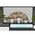 Modern Feature Wall With Arched Stone Design Water Fountain And Decorative Plants