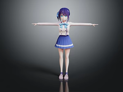 Game Movie Character With Purple Hair Twin Tails Blue White School Uniform Skirt Arms Outstretched 3d model