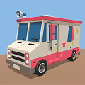 Pink And White Commercial Food Truck With Yellow White Striped Awning And Roof Horn
