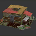 Cartoon Scene of Small Wooden House with Roof CAT Sign Table Chairs and Welcome Mat